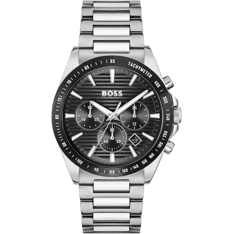 Hugo Boss Watch Men Black Dial Stainless Steel Metal Silver Strap Quartz Battery Analog Chronograph Strike 1514290