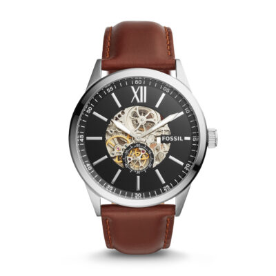 Flynn Automatic Brown Leather Watch - Fossil - Tia
