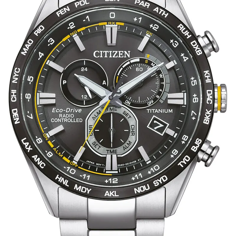 Citizen Radio Controlled Chronograph Super Titanium Black Dial Eco-Drive CB5947-80E 100M Men's Watch