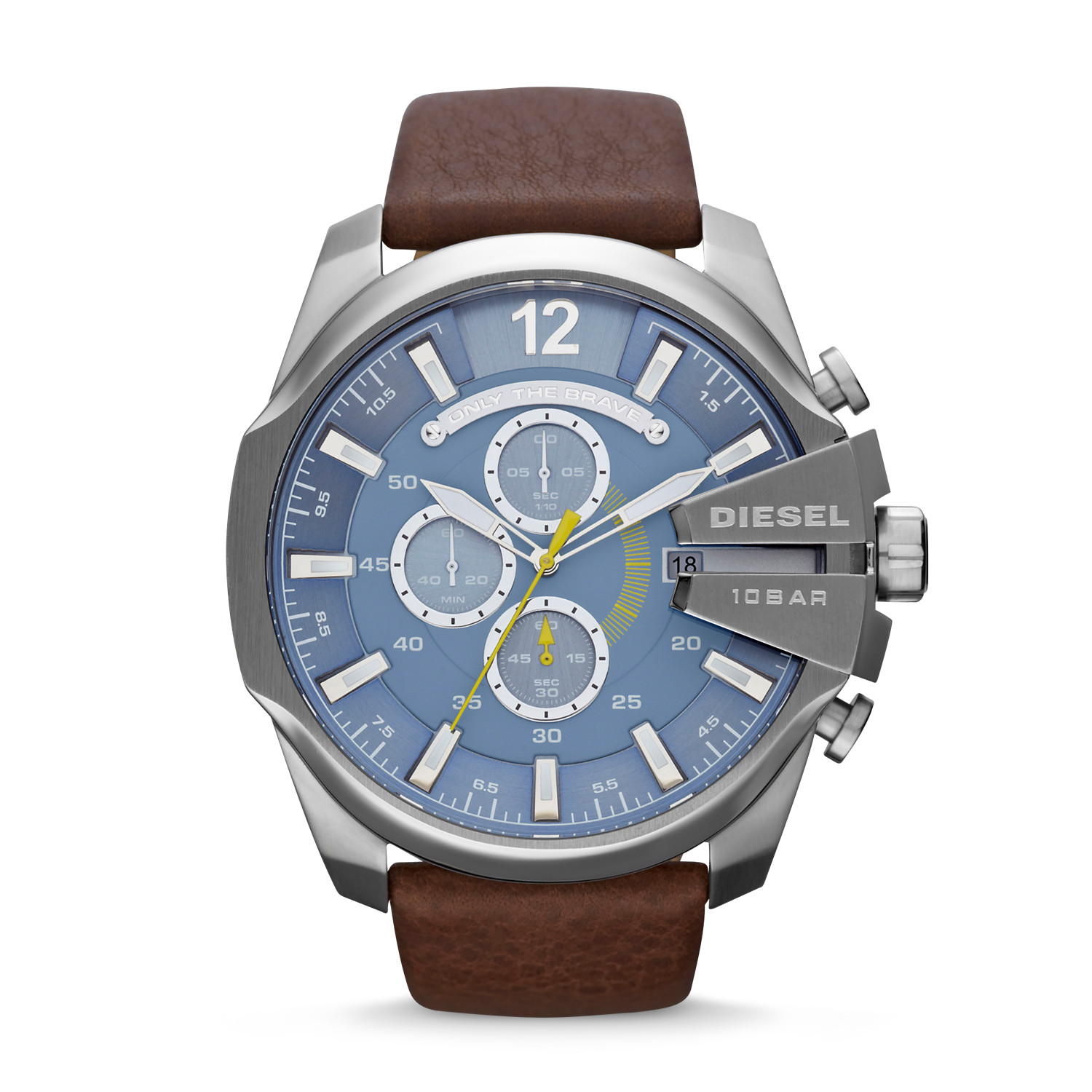Diesel Mega Chief Men's 51mm Chronograph Watch in Silver Stainless Steel with Iridescent Blue Dial and Brown Leather Strap – DZ4281