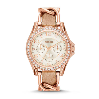 Riley Multifunction Rose Gold-Tone and Sand Leather Watch - ES3466 - Fossil - Tia