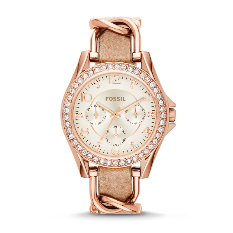 Riley Multifunction Rose Gold-Tone and Sand Leather Watch - ES3466 - Fossil - Tia