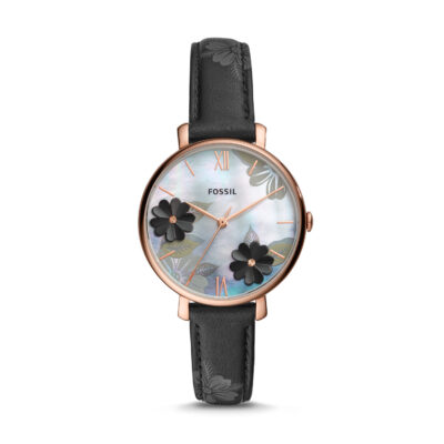 Fossil Women's Jacqueline Floral Dial Black Leather Watch (ES4535) - Tia