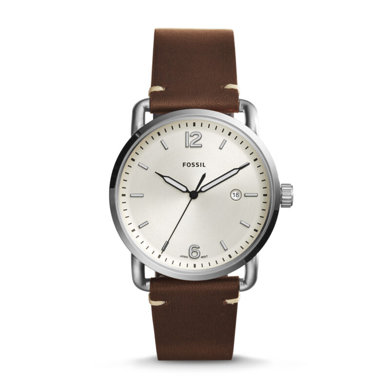 The Commuter Three-Hand Date Brown Leather Watch - Fossil - Tia