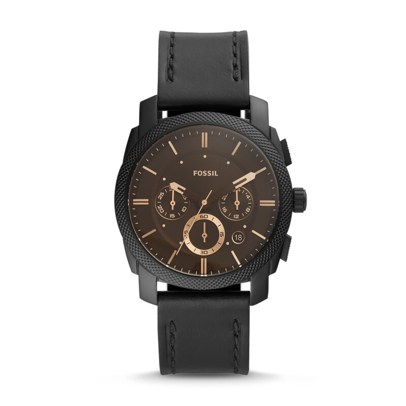 Fossil Machine Men's 42mm Brown Dial Black Leather Chronograph Watch FS5586