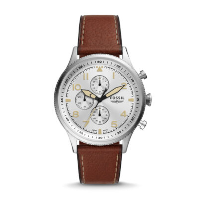 Fossil Retro Pilot Silver Dial Chronograph Brown Leather Men'S Watch Fs5809