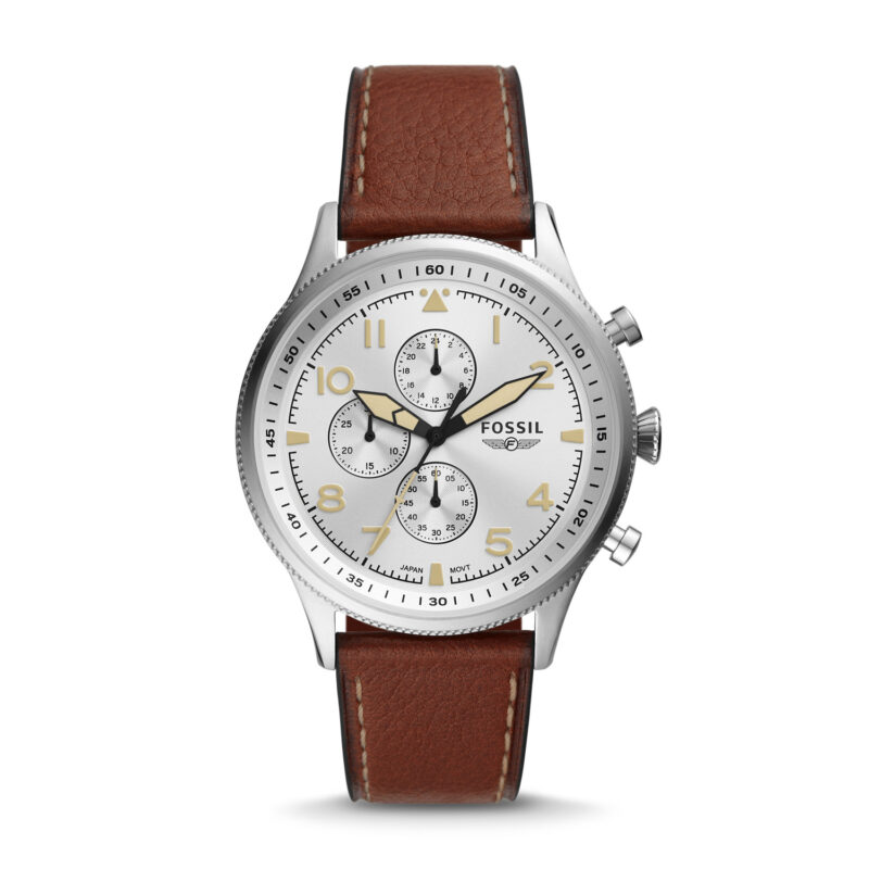 Fossil Retro Pilot Silver Dial Chronograph Brown Leather Men'S Watch Fs5809