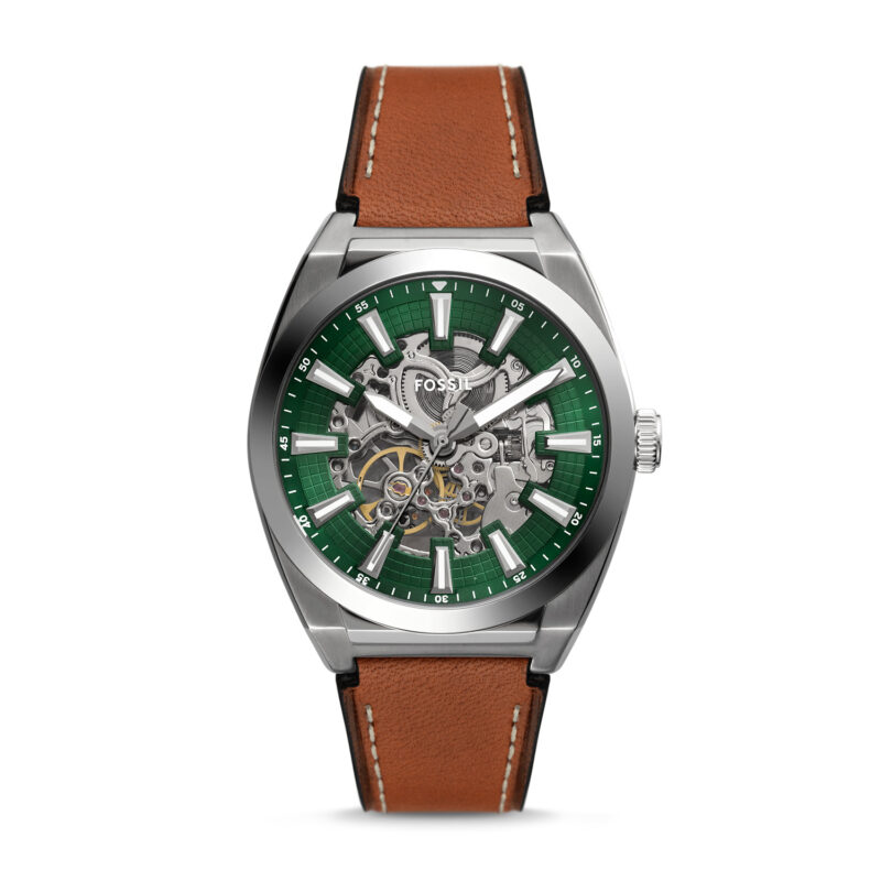 Fossil Everett Brown Leather Strap Green Skeleton Dial Automatic ME3261 Men's Watch 42 mm