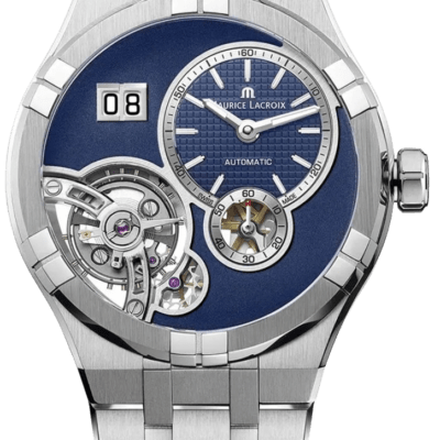 Maurice Lacroix Aikon Master Grand Date 45mm Men's Watch – Manufacture Automatic ML331 with Sun-Brushed Blue Dial, Open Balance Wheel & 5-Link Steel Bracelet (AI6118-SS00E-430-C)
