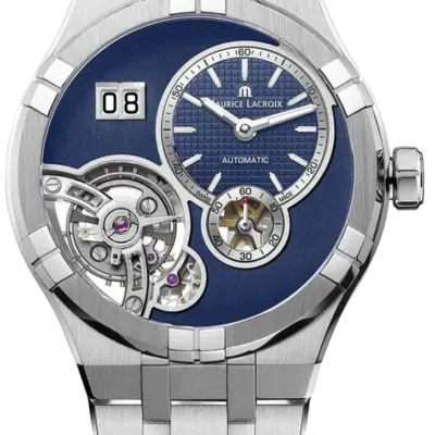 Maurice Lacroix Aikon Master Grand Date 45mm Men's Watch – Manufacture Automatic ML331 with Sun-Brushed Blue Dial, Open Balance Wheel & 5-Link Steel Bracelet (AI6118-SS00E-430-C)