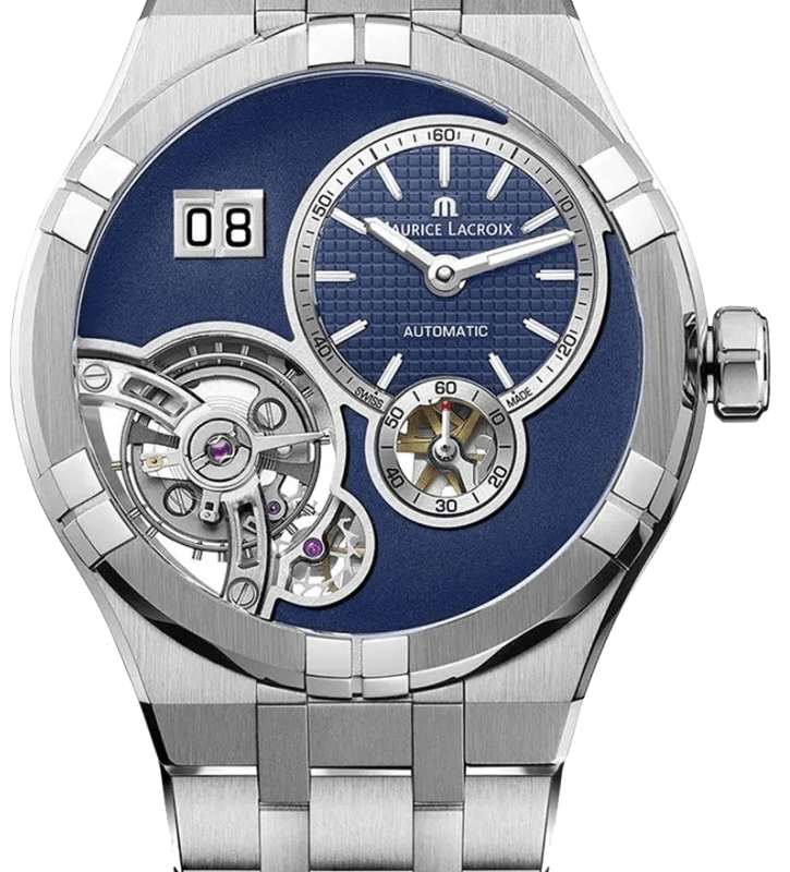 Maurice Lacroix Aikon Master Grand Date 45mm Men's Watch – Manufacture Automatic ML331 with Sun-Brushed Blue Dial, Open Balance Wheel & 5-Link Steel Bracelet (AI6118-SS00E-430-C)
