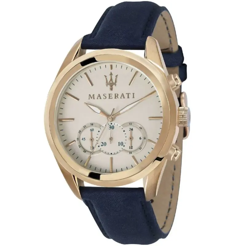 Maserati Watch Quartz Chronograph Mens Dial White Blue Leather Traguardo R8871612016