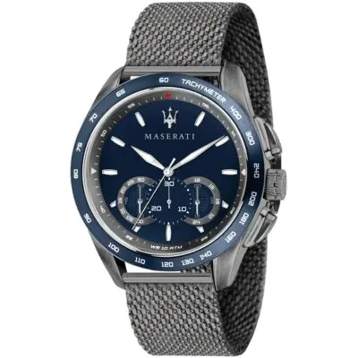 Maserati Watch Quartz Chronograph Mens Blue Dial Black Stainless Steel Mesh Strap Metal Traguardo R8873612009