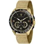 Maserati Watch Quartz Chronograph Mens Black Dial Gold Stainless Steel Mesh Strap Metal Traguardo R8873612010