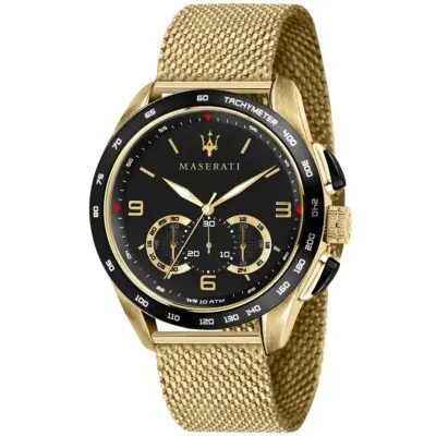 Maserati Watch Quartz Chronograph Mens Black Dial Gold Stainless Steel Mesh Strap Metal Traguardo R8873612010