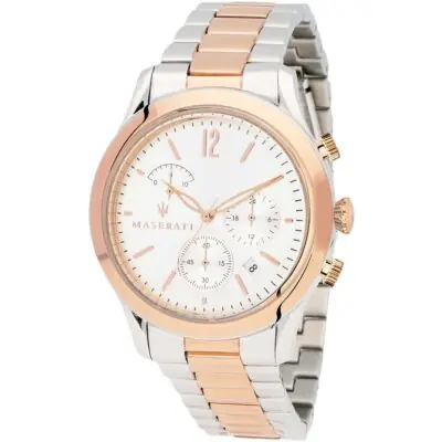 Maserati Watch Quartz Chronograph Mens White Dial Silver Rose Gold Stainless Steel Metal Tradizione R8873625001 - Tia