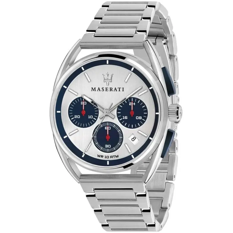 Maserati Watch Quartz Chronograph Mens White Blue Dial Silver Stainless Steel Metal Trimarano R8873632001