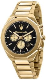 Maserati Watch Men Black Dial Metal Stainless Steel Gold Strap Quartz Battery Analog Chronograph 100m 330ft Stile R8873642001