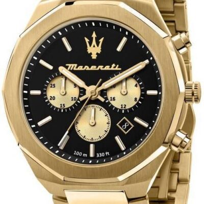 Maserati Watch Men Black Dial Metal Stainless Steel Gold Strap Quartz Battery Analog Chronograph 100m 330ft Stile R8873642001