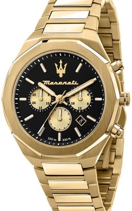 Maserati Watch Men Black Dial Metal Stainless Steel Gold Strap Quartz Battery Analog Chronograph 100m 330ft Stile R8873642001