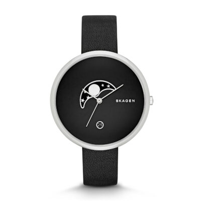 Skagen Ladies Gitte Moonphase Black Leather Watch SKW2372