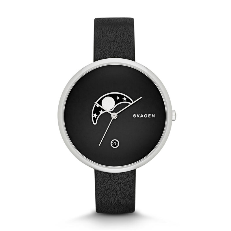Skagen Ladies Gitte Moonphase Black Leather Watch SKW2372