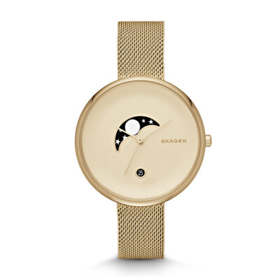 Skagen Gitte Moonphase Gold Dial Gold-tone Mesh Ladies Watch SKW2373Watch