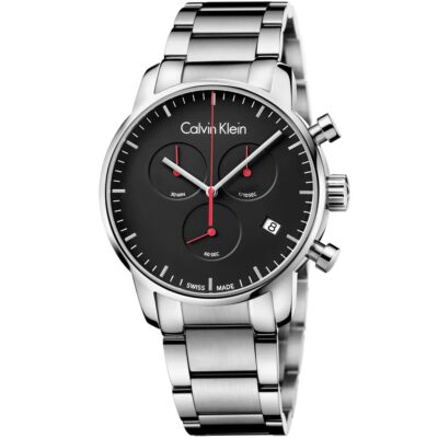 Calvin Klein Watch Men Black Dial Stainless Steel Metal Silver Strap Quartz Analog Chronograph Ck City K2G27141 - Tia