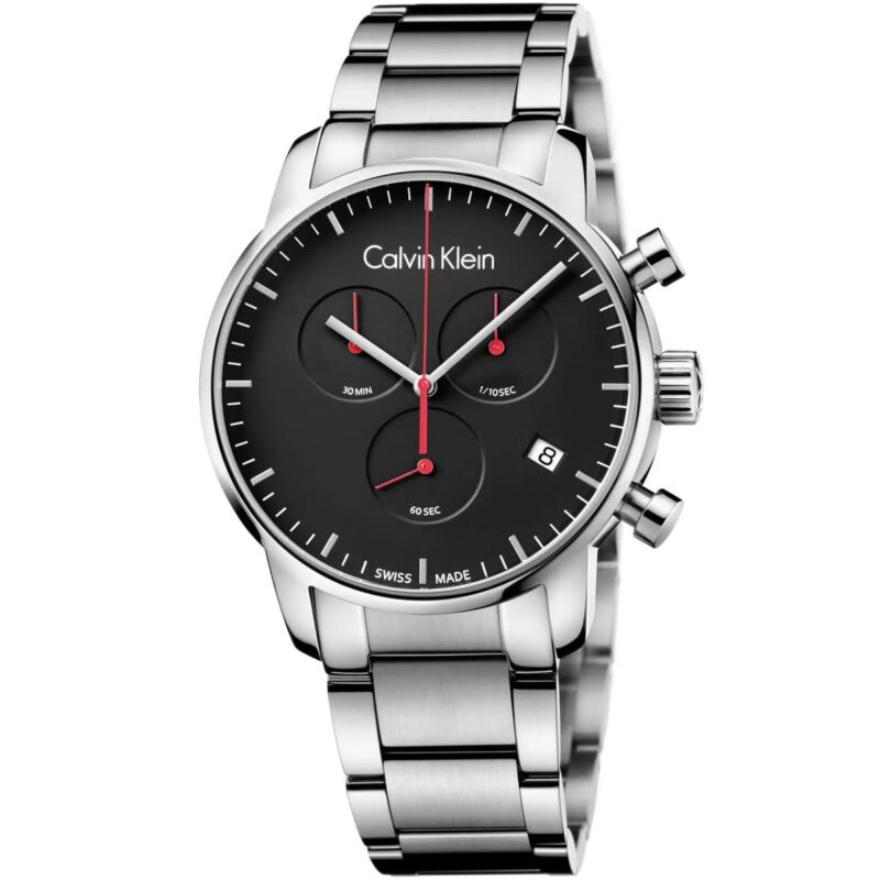 Calvin Klein Watch Men Black Dial Stainless Steel Metal Silver Strap Quartz Analog Chronograph Ck City K2G27141 - Tia