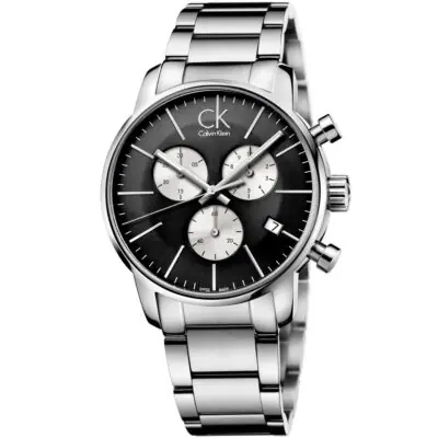 Calvin Klein Watch Men Black Dial Stainless Steel Metal Silver Strap Quartz Analog Chronograph Ck City K2G2714X - Tia