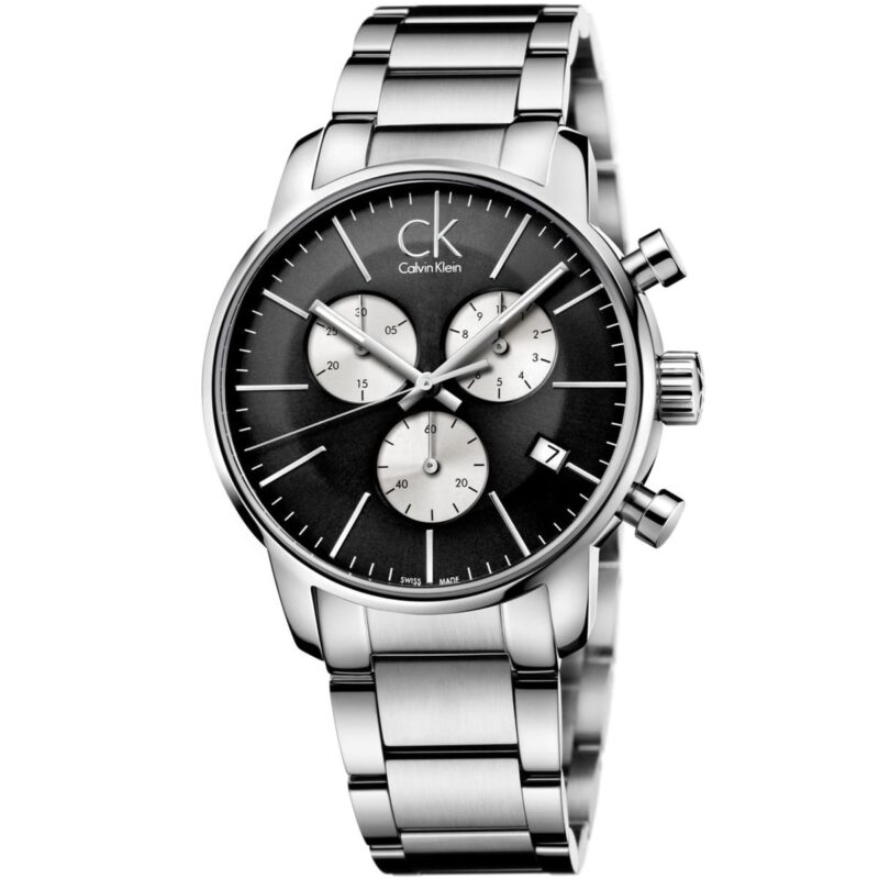 Calvin Klein Watch Men Black Dial Stainless Steel Metal Silver Strap Quartz Analog Chronograph Ck City K2G2714X