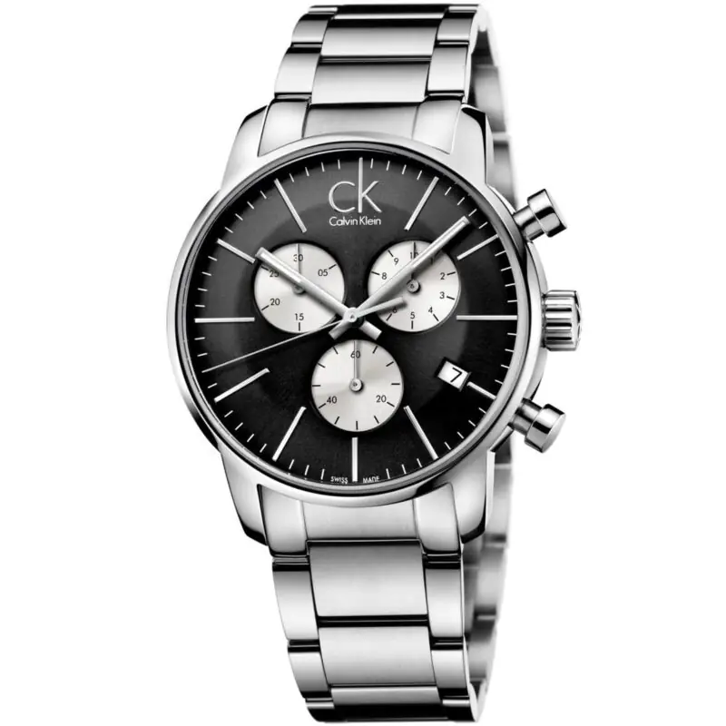 Calvin Klein Watch Men Black Dial Stainless Steel Metal Silver Strap Quartz Analog Chronograph Ck City K2G2714X