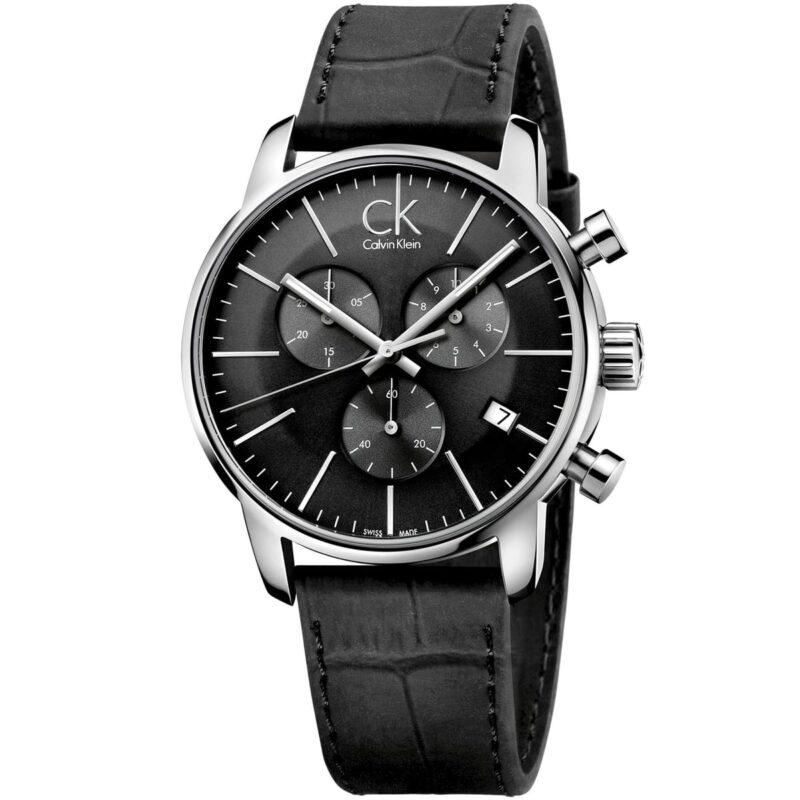 Calvin Klein Watch Men Gray Dial Leather Black Strap Quartz Analog Chronograph Ck City K2G271C3