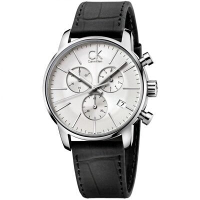 Calvin Klein Watch Men Silver Dial Leather Black Strap Quartz Analog Chronograph Ck City K2G271C6