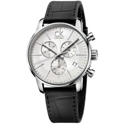 Calvin Klein Watch Men Silver Dial Leather Black Strap Quartz Analog Chronograph Ck City K2G271C6 - Tia