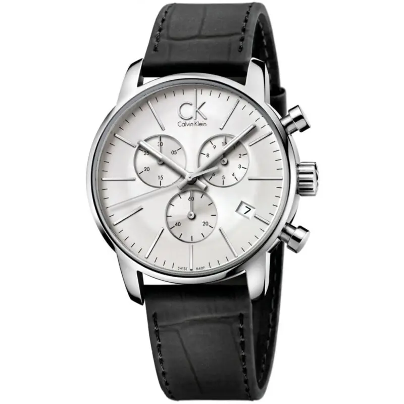 Calvin Klein Watch Men Silver Dial Leather Black Strap Quartz Analog Chronograph Ck City K2G271C6 - Tia