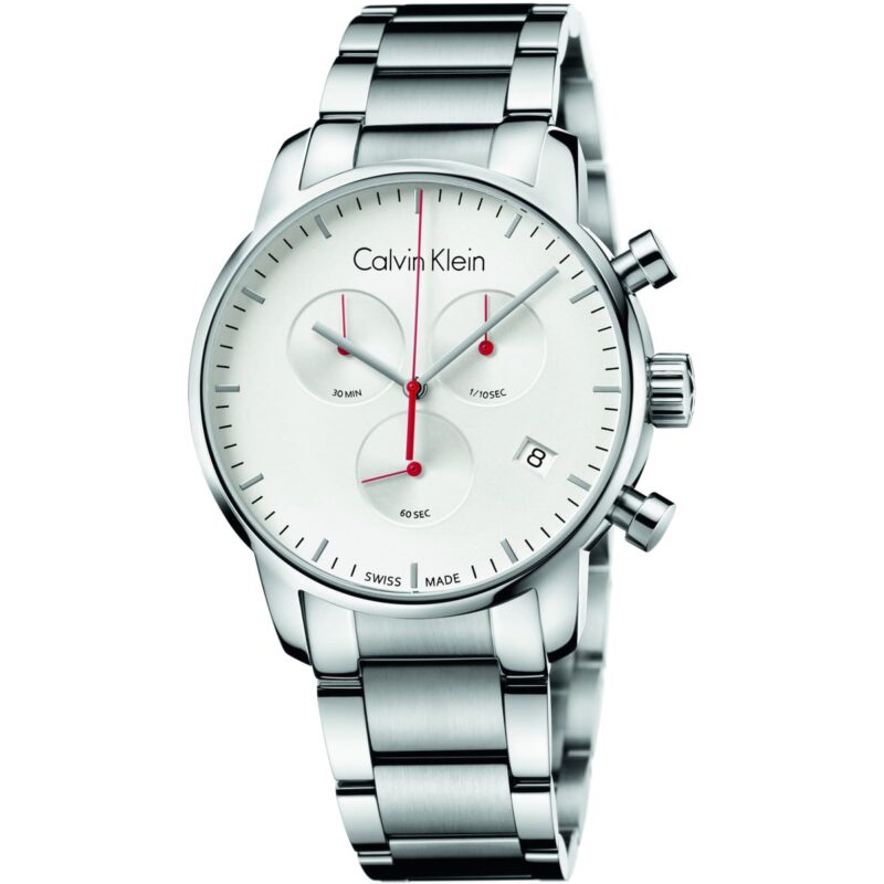 Calvin Klein Watch Men White Dial Stainless Steel Metal Silver Strap Quartz Analog Chronograph Ck City K2G271Z6