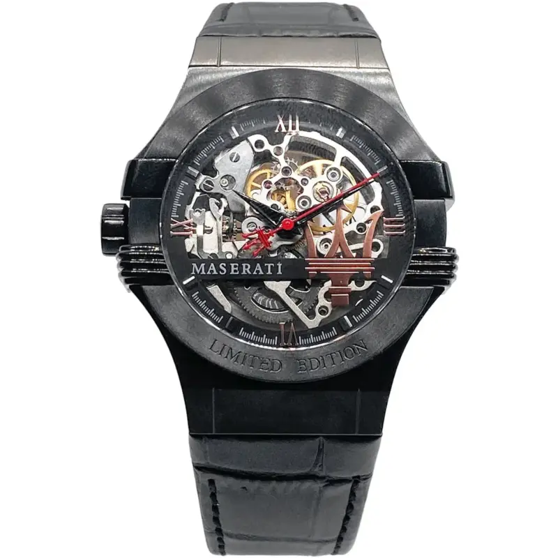 Maserati Watch Men Black Dial Leather Strap Automatic Analog Three Hand Potenza R8821108021