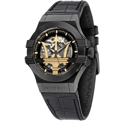 Maserati Watch Men Black Dial Leather Strap Automatic Analog Three Hand Potenza R8821108036
