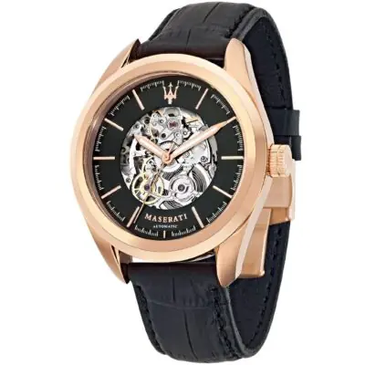 Maserati Watch Men Black Dial Leather Strap Automatic Analog Three Hand Traguardo R8821112001