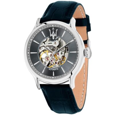Maserati Watch Men Gray Dial Leather Blue Strap Automatic Analog Three Hand Epoca R8821118002