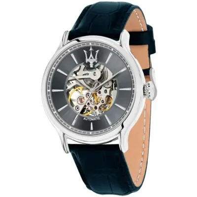Maserati Watch Men Gray Dial Leather Blue Strap Automatic Analog Three Hand Epoca R8821118002 - Tia