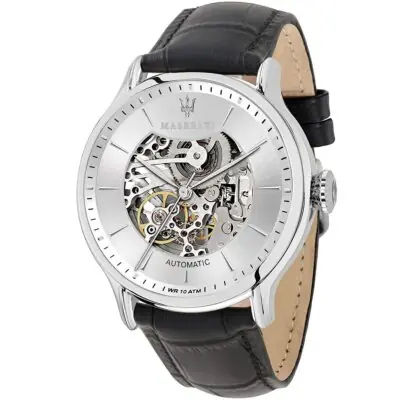 Maserati Watch Men Silver Dial Leather Black Strap Automatic Analog Three Hand Epoca R8821118003 - Tia
