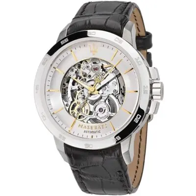 Maserati Watch Men Silver Dial Leather Black Strap Automatic Analog Three Hand Ingegno R8821119002 - Tia