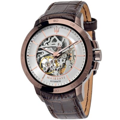 Maserati Watch Men Silver Dial Leather Brown Strap Automatic Analog Three Hand Ingegno R8821119003