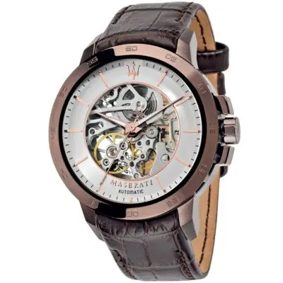 Maserati Watch Men Silver Dial Leather Brown Strap Automatic Analog Three Hand Ingegno R8821119003 - Tia