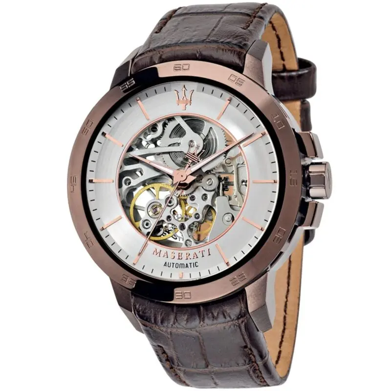 Maserati Watch Men Silver Dial Leather Brown Strap Automatic Analog Three Hand Ingegno R8821119003