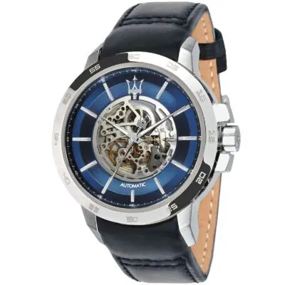 Maserati Watch Men Blue Dial Leather Strap Automatic Analog Three Hand Ingegno R8821119004 - Tia