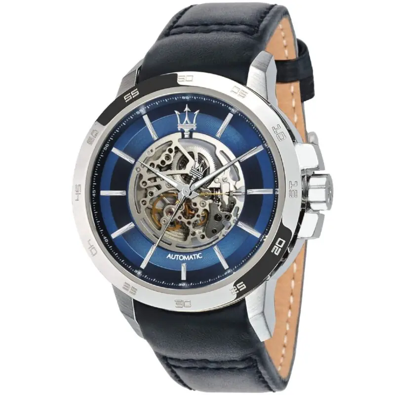 Maserati Watch Men Blue Dial Leather Strap Automatic Analog Three Hand Ingegno R8821119004