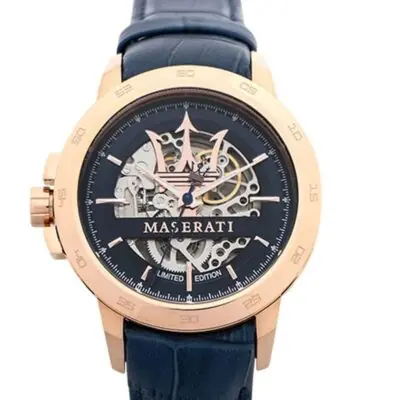 Maserati Watch Men Blue Dial Leather Strap Automatic Analog Three Hand Limited Edition R8821119005 - Tia